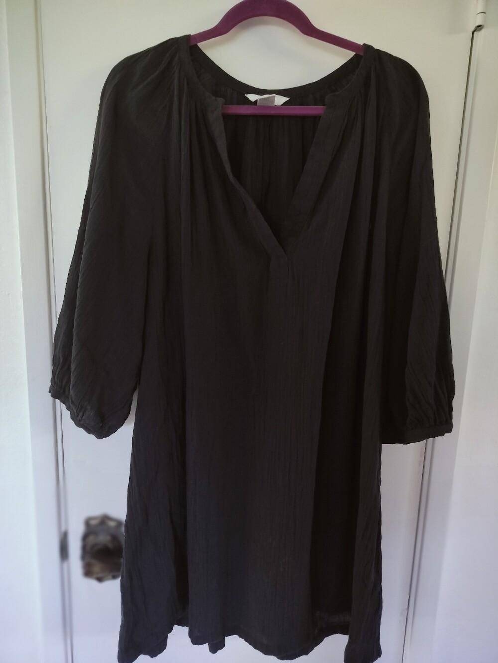H&M Midnight Blue Cotton Linen Blend V-Neck Tunic Dress Balloon Sleeve Size L